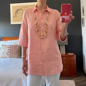 Chico’s No-Iron Linen High Low Shirttail Hem Tunic, NWOT, Roomy! XS, Pea…